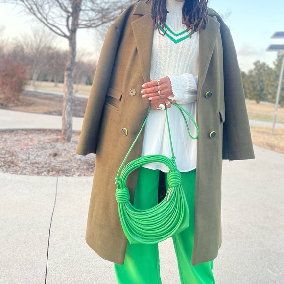 Olive Green Button Front Double Breasted Notch Lapel Coat Size Large - Picture 4 of 10